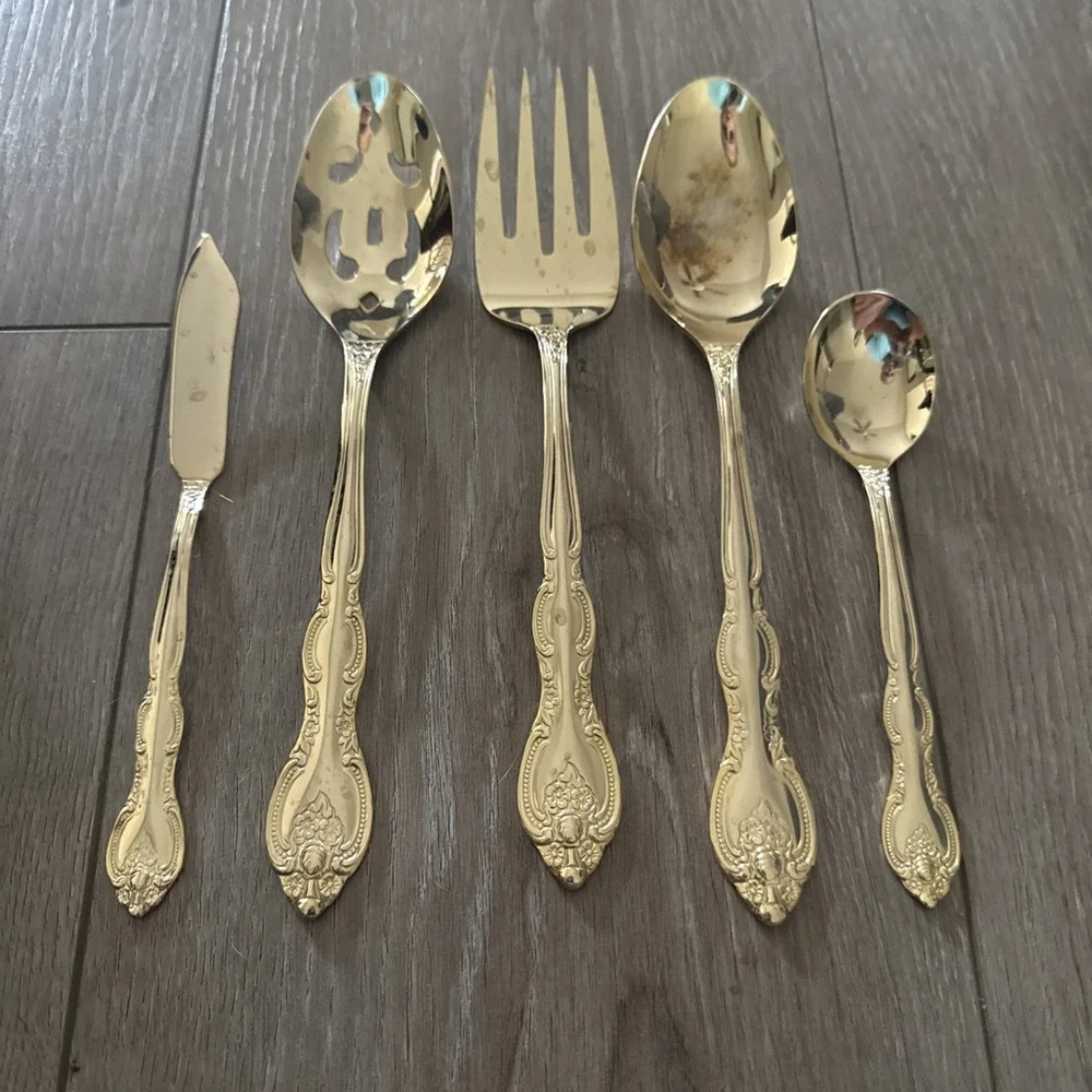 Set 5 International San Marcos Gold‎ Plate Serving Pieces Slotted Spoon Butter
